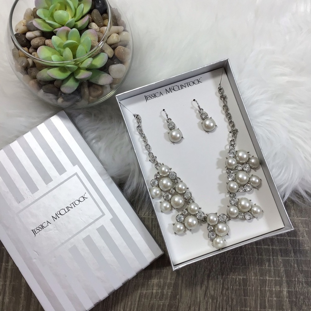 Jessica McClintock Pearl & Rhinestones Necklace Earring Set Wedding